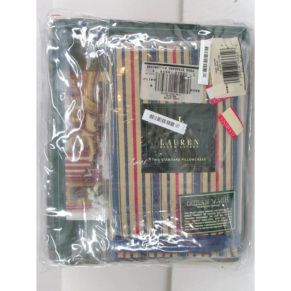 VTG Ralph Lauren CHADWICK Striped OCEAN WASH Full Flat Sheet & 2 Pillowcases